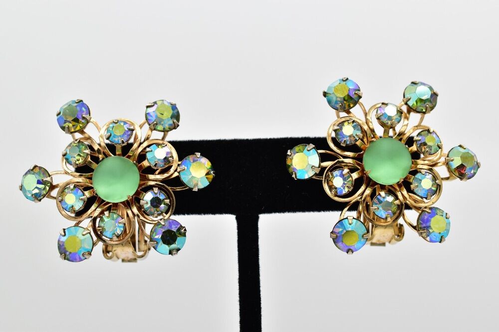 Vintage Austrian Crystal Clip Earrings Frosted Cabochon AB Starburst Shiny BinBB